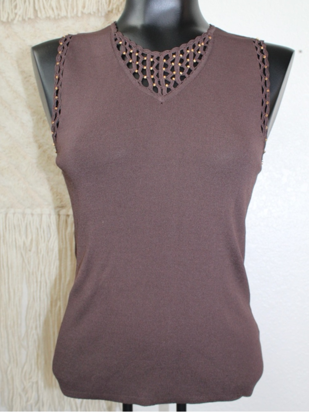 Kenneth Miller SMALL Brown Sleeveless Knit Top with Crochet Trim
